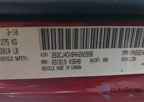 2010 Dodge Challenger Se z USA, uszkodzony, nr VIN 2B3CJ4DV8AH202896